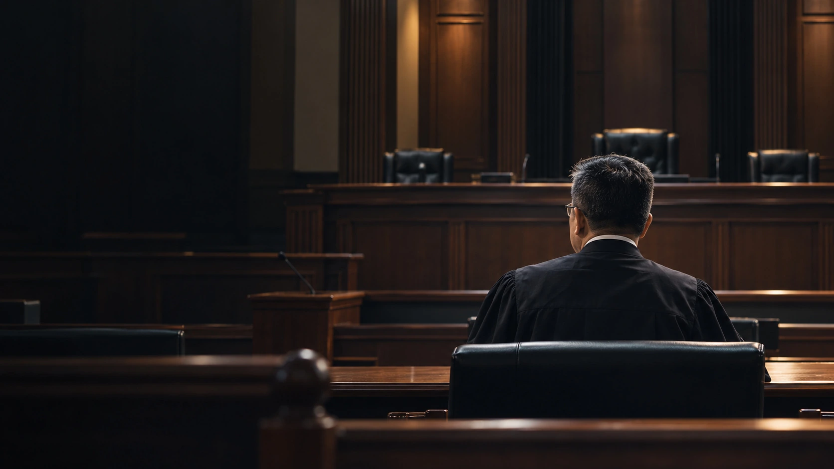 Illustrative courtroom scene, viewed from behind a seated advocate