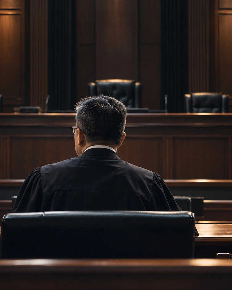 Illustrative courtroom scene, viewed from behind a seated advocate